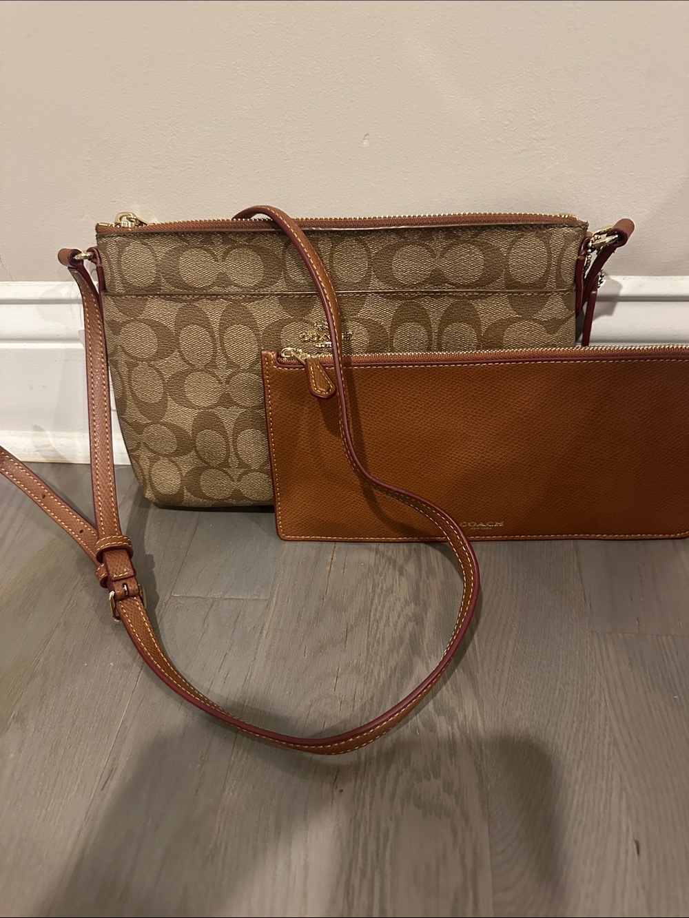 Coach Tan Signature Canvas Crossbody with Cognac Leather Pouch
